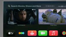 An LG OLED screen showing the Apple TV search interface in tvOS 17.2