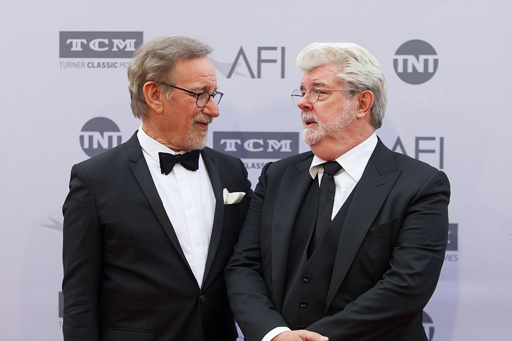 Directors Steven Spielberg and George Lucas arrive at the 2016 American Film Institute Life Achievement Awards Honoring John Williams at Dolby Theatre on June 9, 2016 in Hollywood, California.