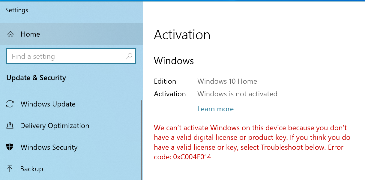 schermata di attivazione delle impostazioni di Windows