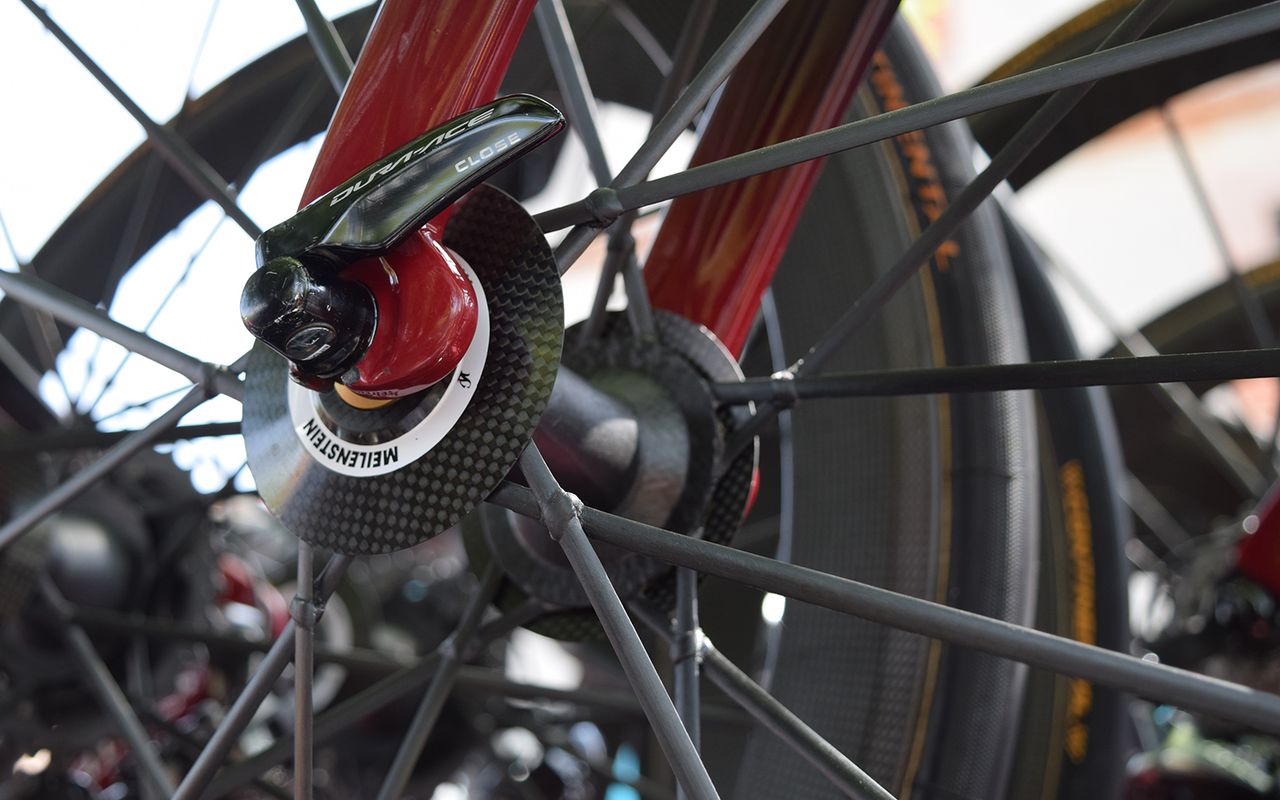 The wheels feature carbon rims, hubs and specially bonded spokes