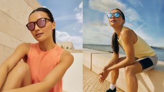 Two images side by side of female model wearing SunGod Sierra and Zephyr sunglasses