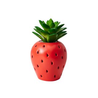 A fake succulent in a strawberry pot