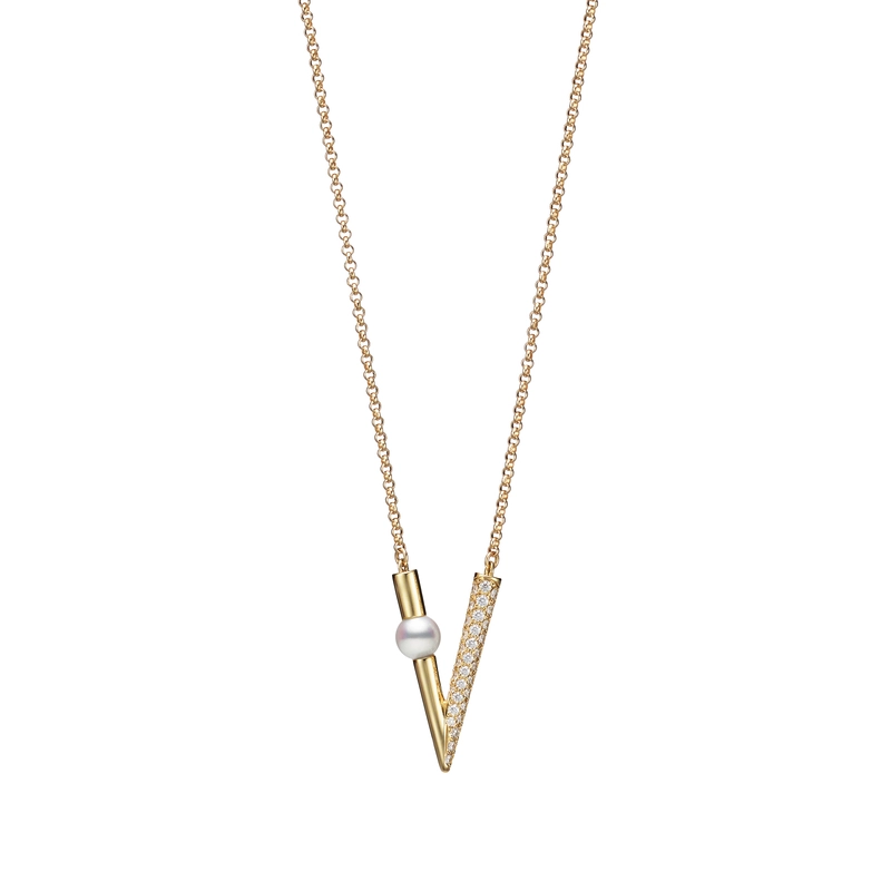 Mikimoto, Akoya Cultured Pearl and Diamond V Code Pendant in 18K Yellow Gold