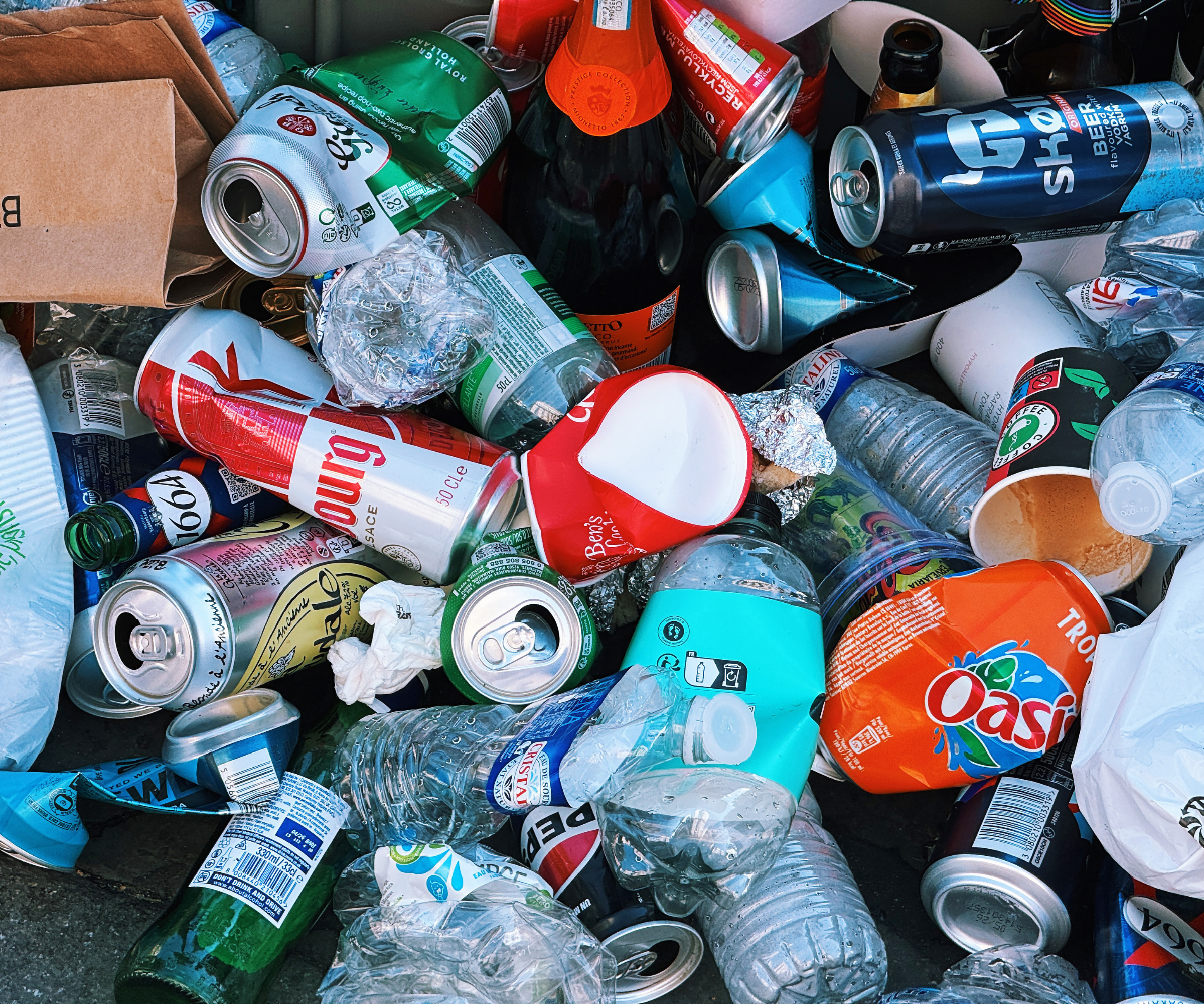 Bottles and cans in a pile