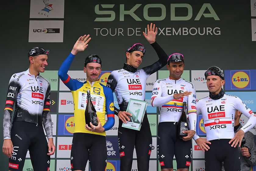 LUXEMBOURG, LUXEMBOURG - SEPTEMBER 21: Nils Politt of Germany, Igor Arrieta of Spain, Brandon McNulty of The United States, Jhonatan Narvaez of Ecuador, Rafal Majka of Poland and UAE Team Emirates - XRG celebrate at podium as best team prize winners during the 85th Tour de Luxembourg, Stage 5 a 176.4km stage from Mersch to Luxembourg on September 21, 2025 in Luxembourg, Luxembourg. (Photo by Tim de Waele/Getty Images)