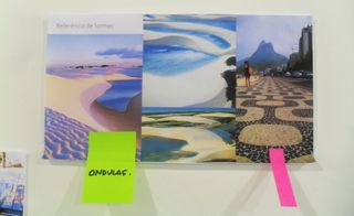 Neutral background, picture board montage of Brazil's diverse and rich landscape, a yellow and pink post it note stuck on the images