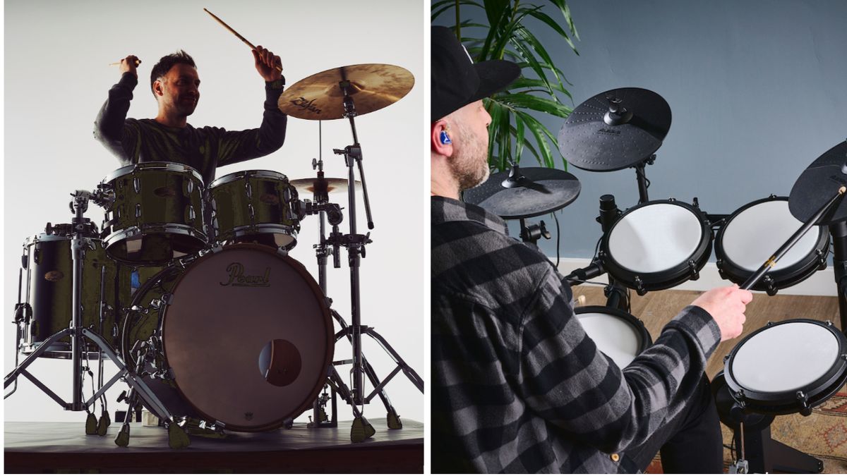 Man playing acoustic drums on the left of the image and electronic drums on the right