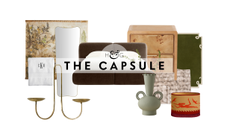 Guest bedroom decor, including a botanical wall tapestry, monogrammed bath towel, brass candle sconce, chocolate brown bed frame, sculptural vase, burl wood nightstand, faux fur blanket, painterly fringe lampshade, and snake ball stems, pictured against a white background