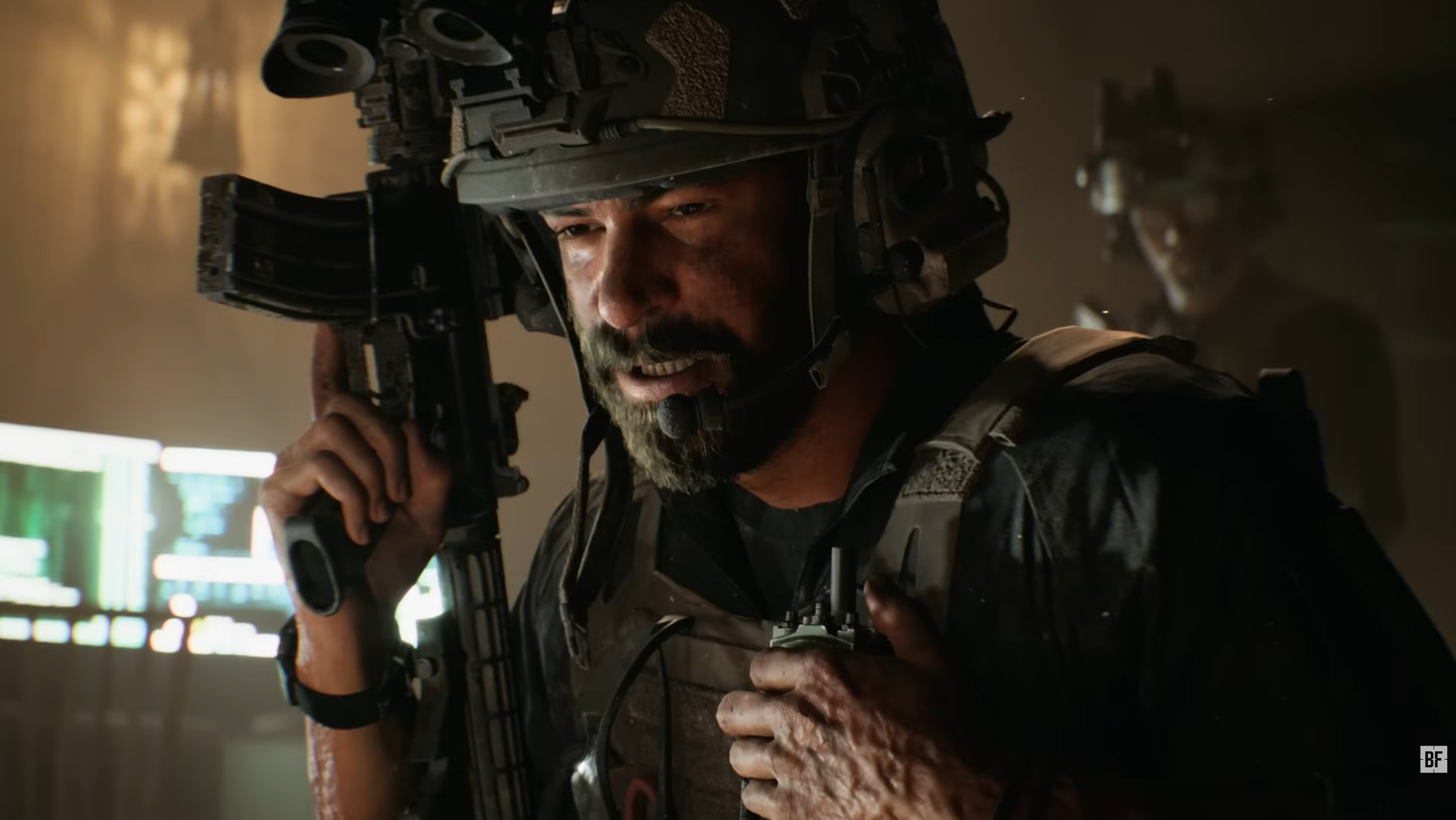 Battlefield 6 trailer still - bearded soldier man holding a big soldier gun