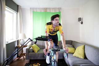 Tom Dumoulin (Jumbo-Visma) rides during the virtual tour of the Amstel Gold Race at a holiday home in Valkenburg on April 19, 2020