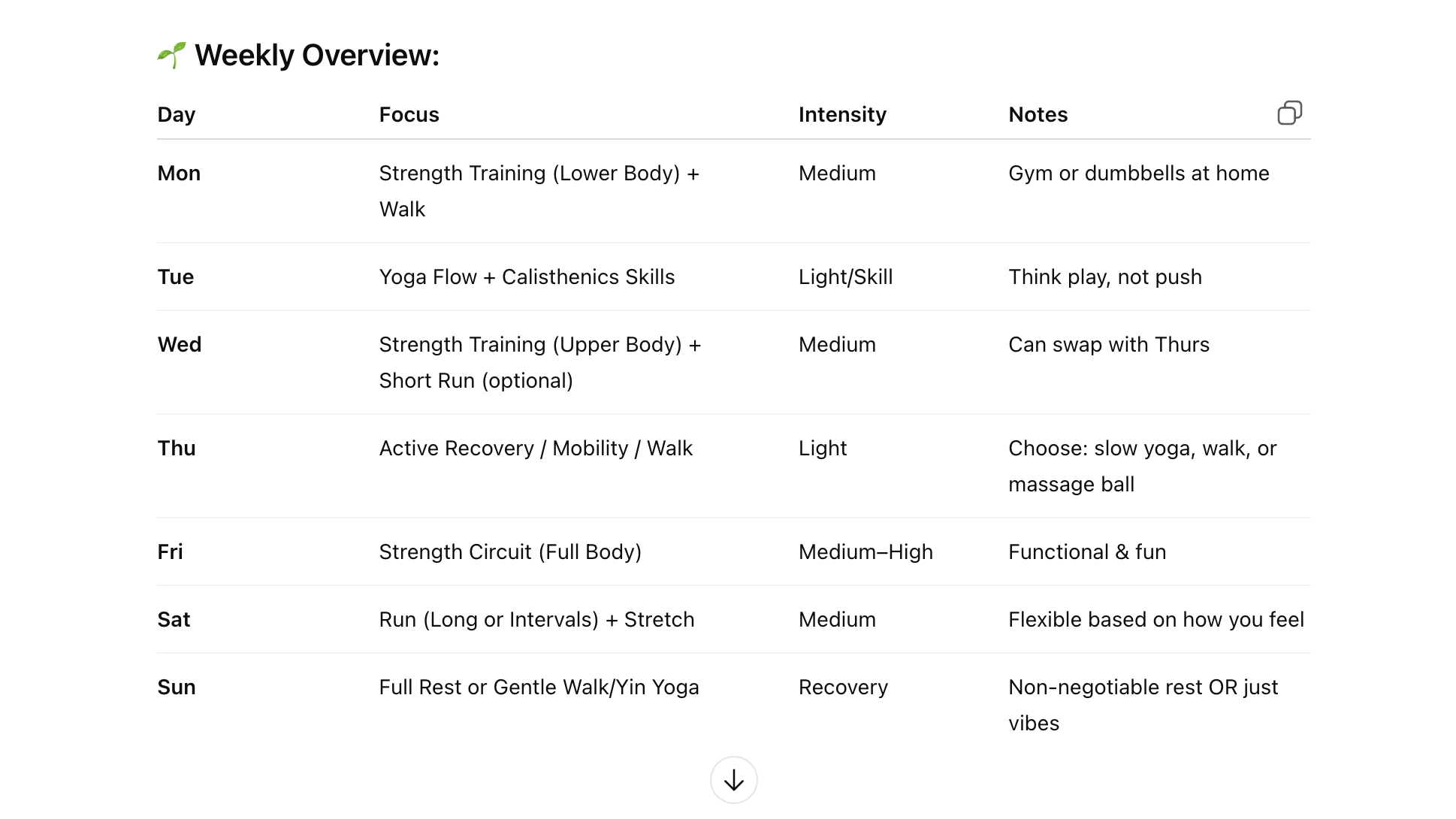 A screenshot of a workout plan created by ChatGPT in the main ChatGPT interface