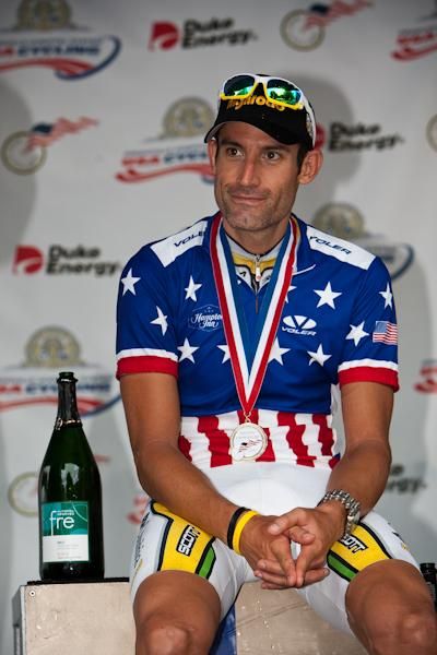 New US national champion George Hincapie (Columbia-HTC) enjoys a sit on the podium after his hard day's work.