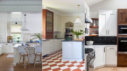 three kitchens with white walls and white cabinets