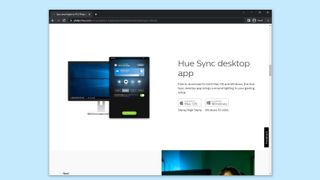 A screenshot of the Hue Sync website with download buttons for PC and Mac