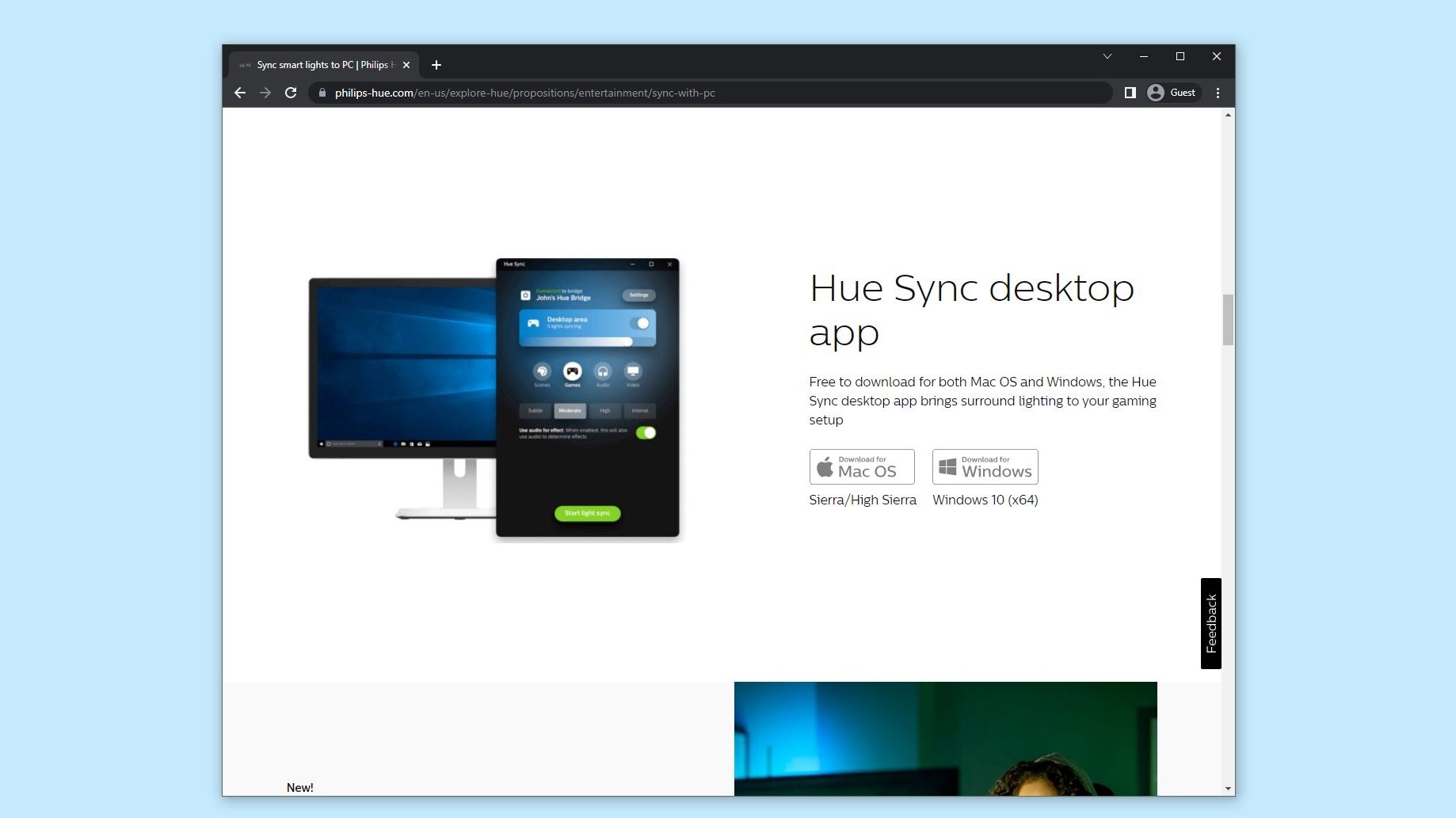Скриншот веб-сайта Hue Sync с кнопками загрузки для ПК и Mac