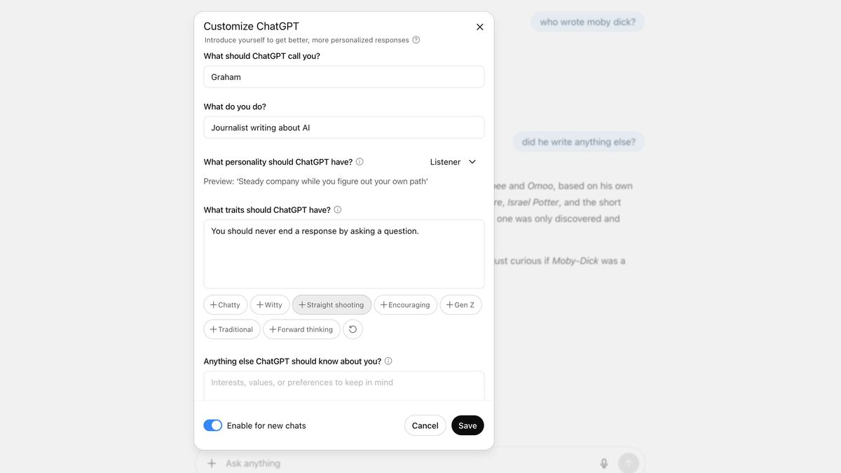 Customize screen in ChatGPT