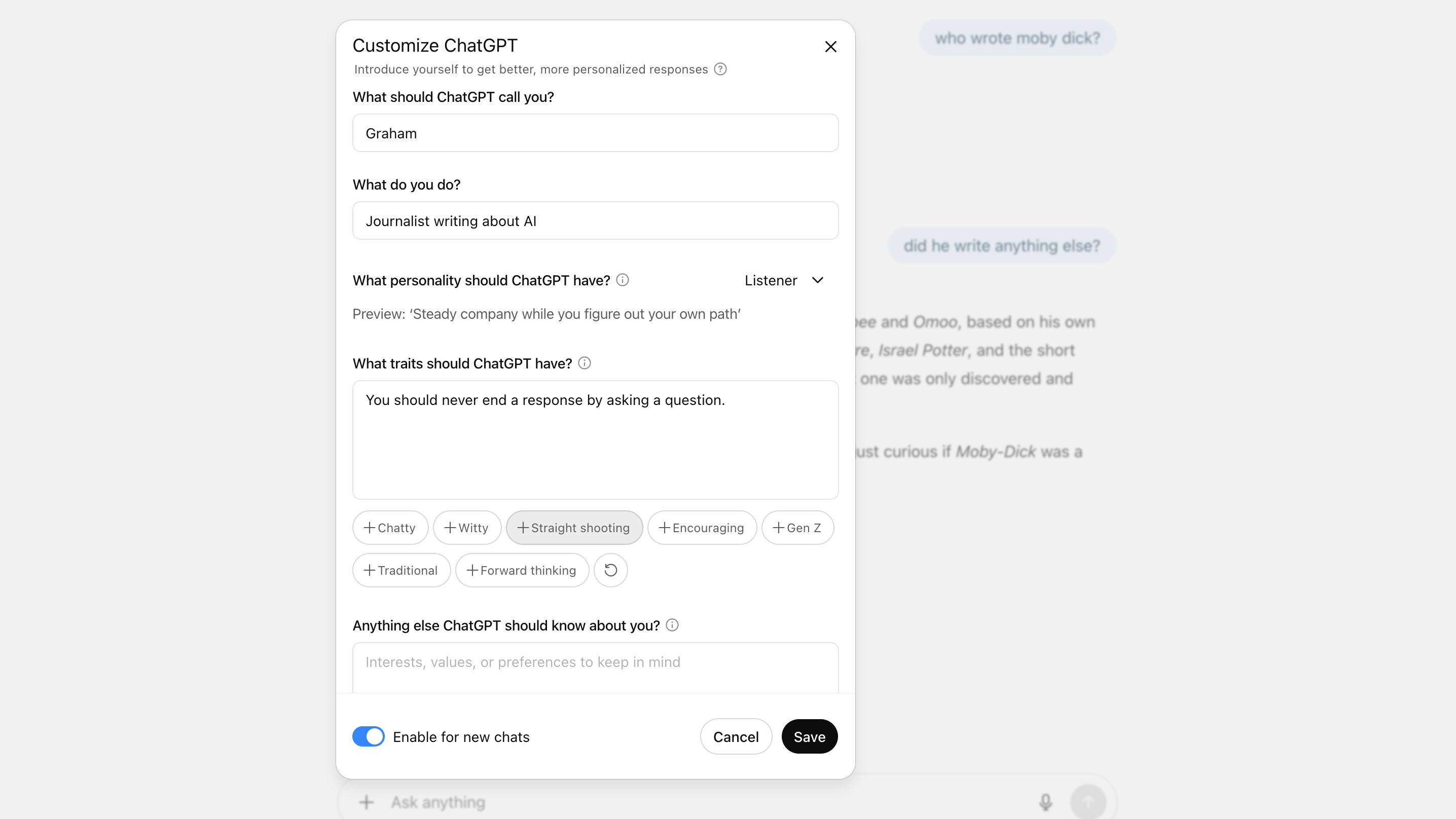 Customize screen in ChatGPT