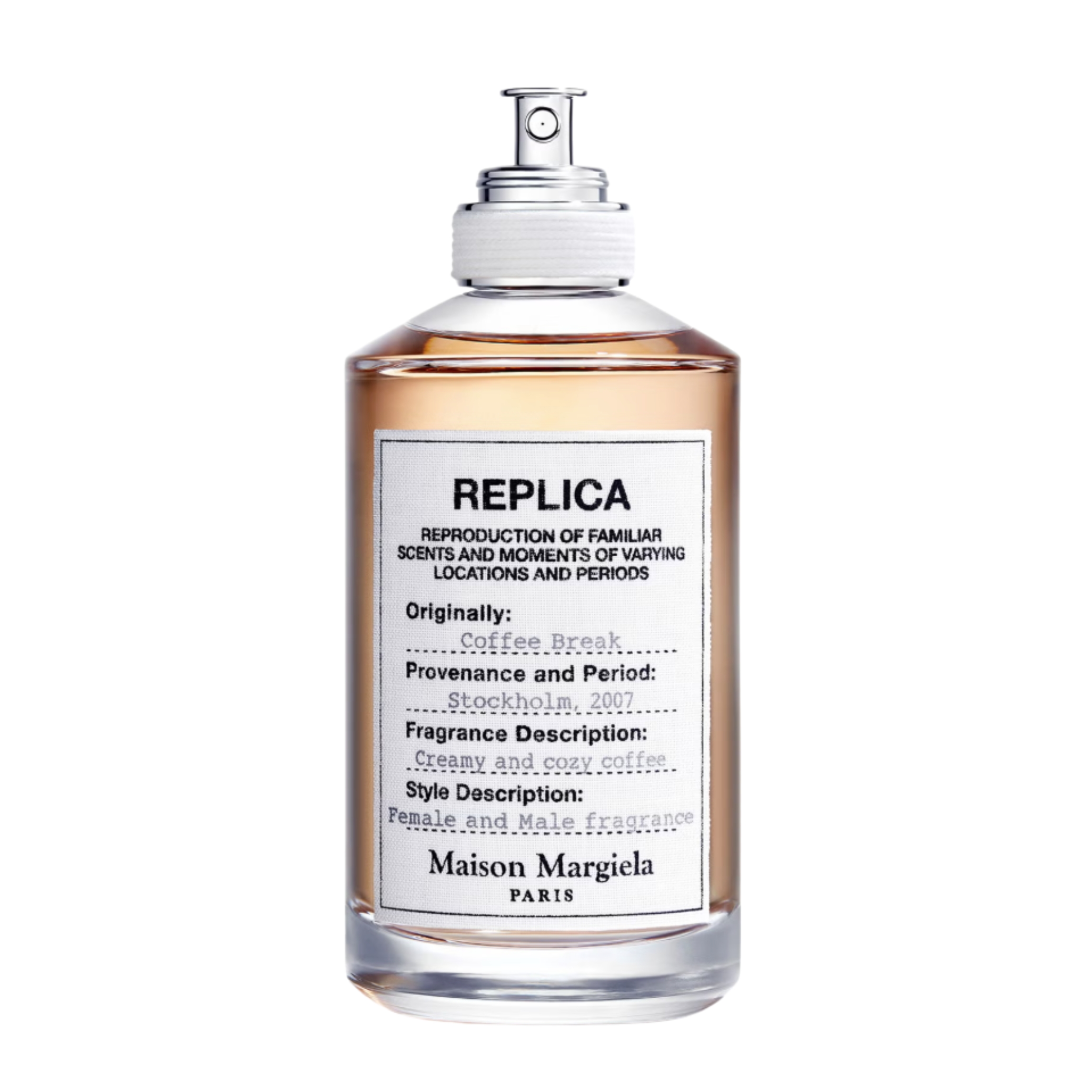 A product shot of the Maison Margiela Replica Coffee Break Eau de Toilette, on a white background