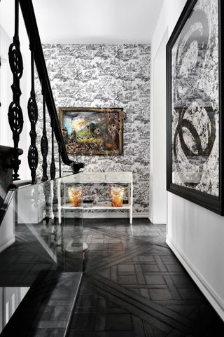 Black and white hallway with pattern black and white wallpaper