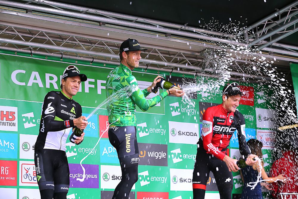 Edvald Boasson Hagen, Lars Boom and Stefan Kung celebrate on the Tour of Britain podium