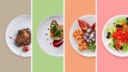 Four different plates of food pictured from above on a multicolored background