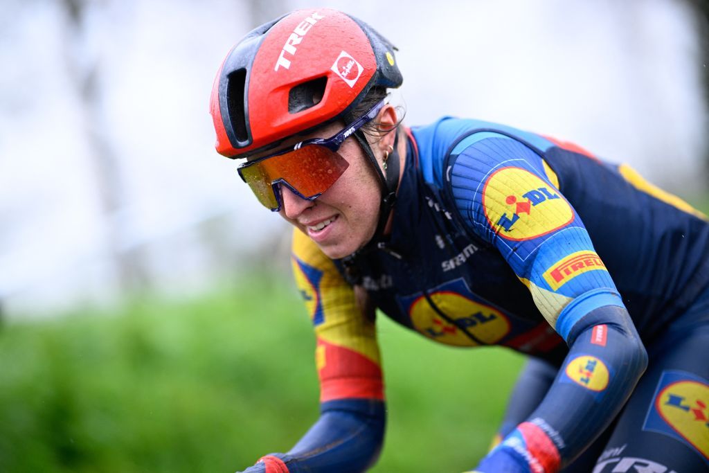 Dutch Shirin Van Anrooij of Lidl-Trek pictured in action during the women's race of the 'Ronde van Vlaanderen/ Tour des Flandres/ Tour of Flanders' one day cycling event, 163km with start and finish in Oudenaarde, Sunday 31 March 2024. BELGA PHOTO JASPER JACOBS (Photo by JASPER JACOBS / BELGA MAG / Belga via AFP)