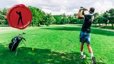 A golfer holds their finish on a tee shot with a red secret club golfer emblem in the top-left