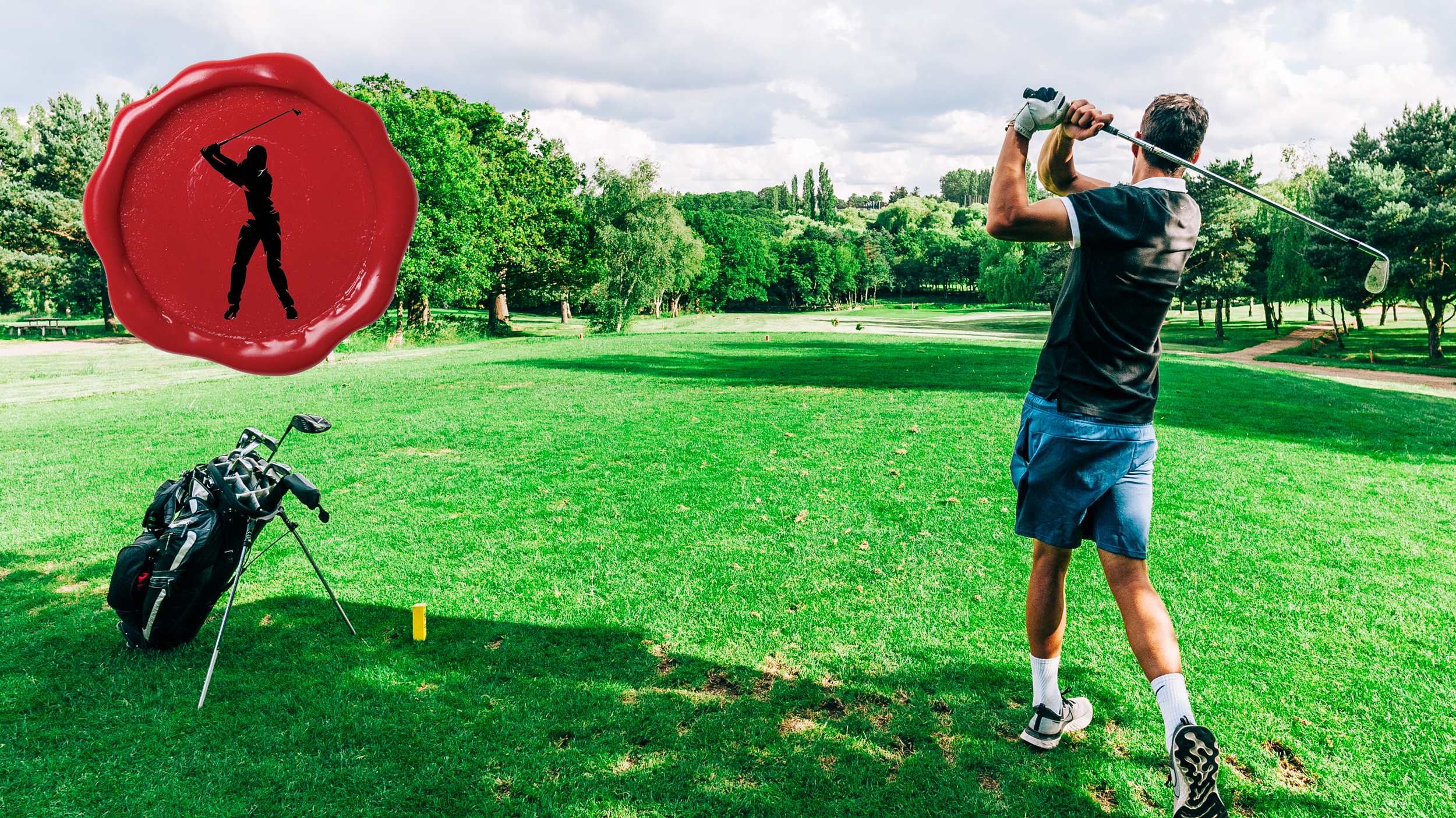 A golfer holds their finish on a tee shot with a red secret club golfer emblem in the top-left