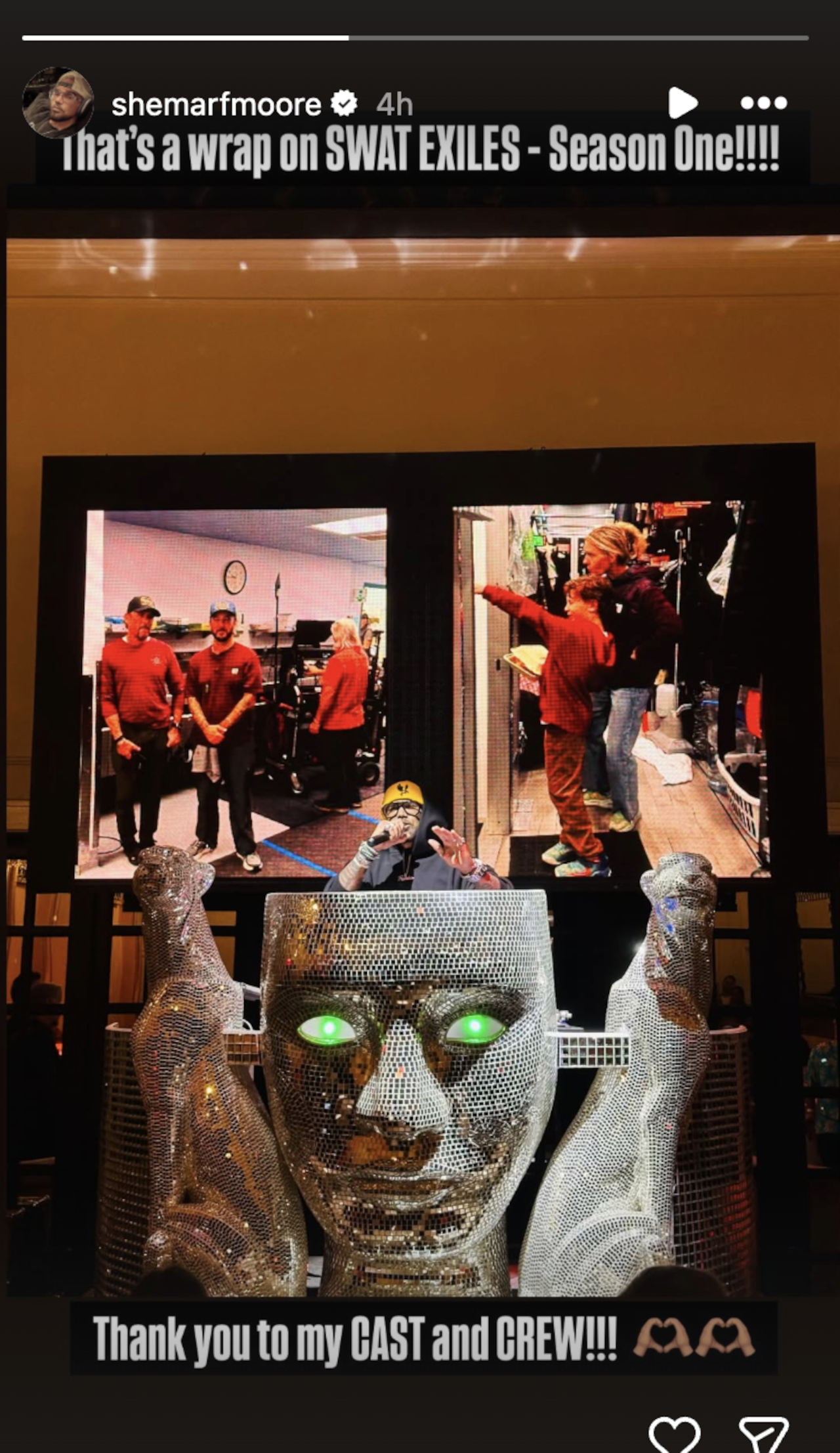 Shemar Moore celebrating wrapping Season 1 of S.W.A.T. Exiles on Instagram Stories.