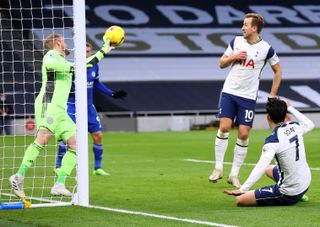 Kasper Schmeichel (left) made a brilliant a save to deny Son Heung-mi