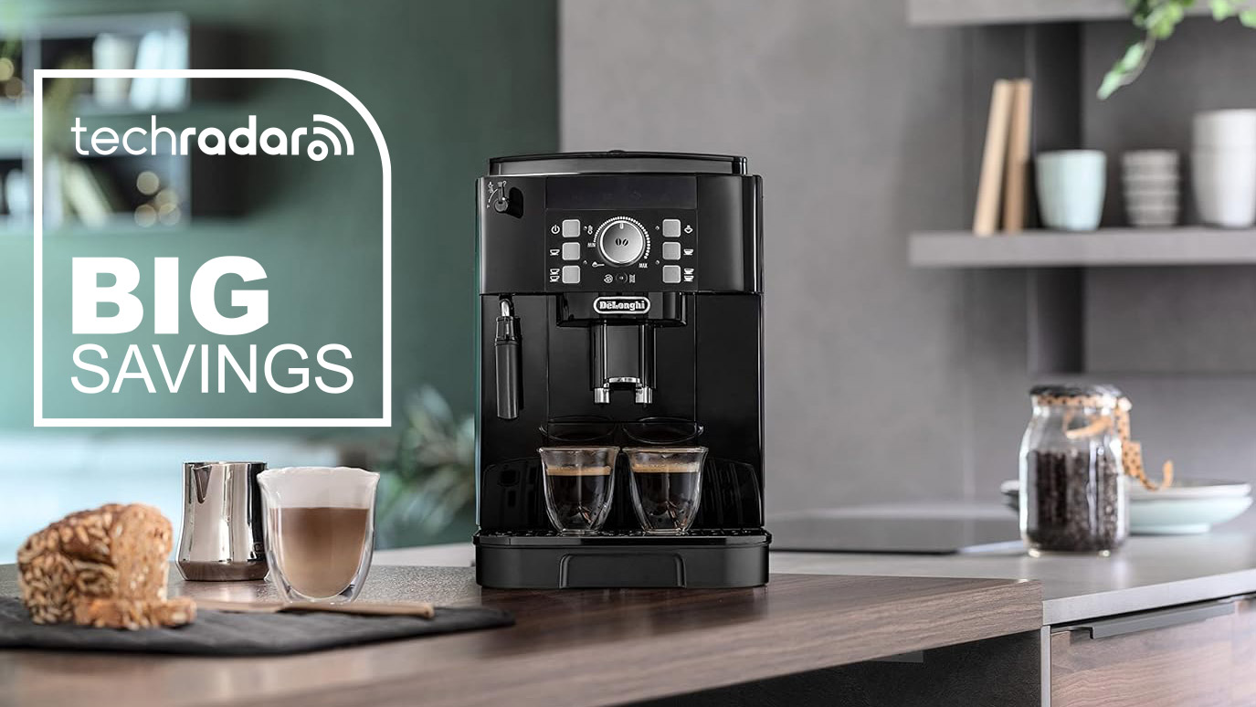 De'Longhi Magnifica S automatic coffee machine on a kitchen bench with &amp;quot;Big Savings&amp;quot; text in white.