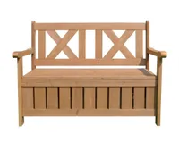 A wooden garden storage bench