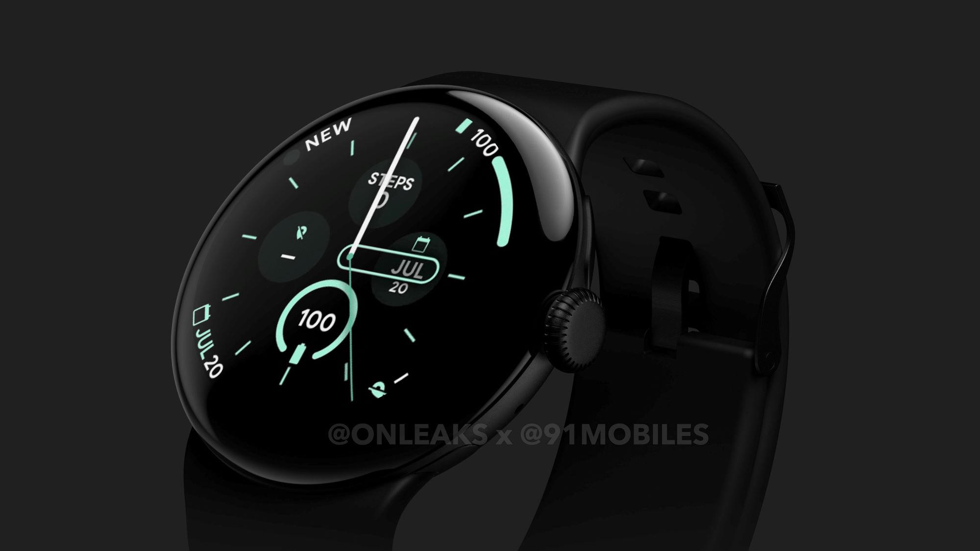 Google Pixel Watch 3 render, zoomed in on the left