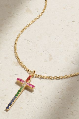 Mini Cross 14-Karat Gold Sapphire and Tsavorite Necklace