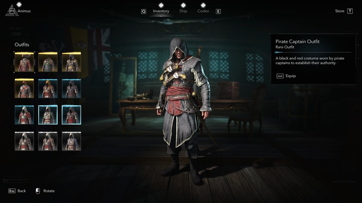 Black Flag outfits: The Pirate Captain Outfit viewed in the menu.