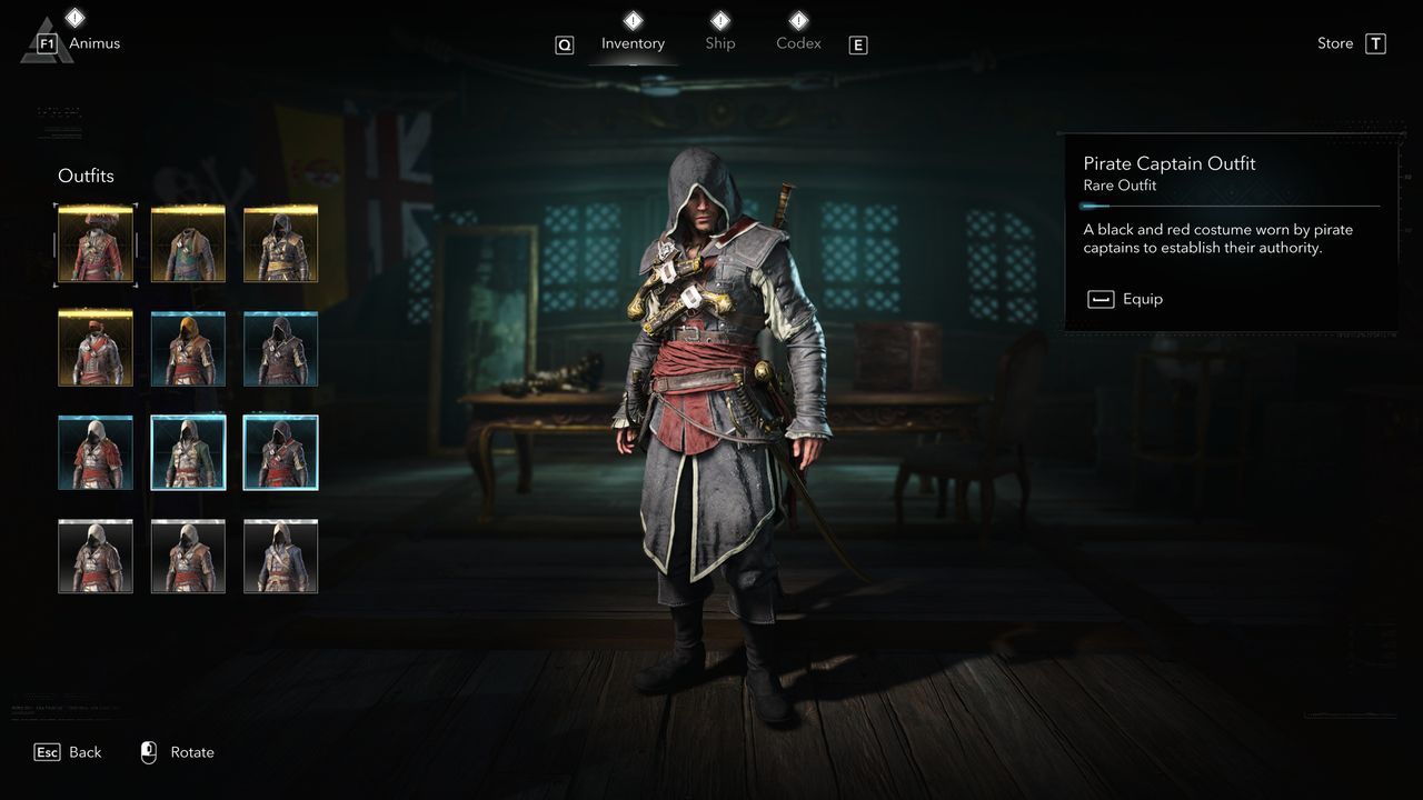 Black Flag outfits: The Pirate Captain Outfit viewed in the menu.