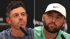 Rory McIlroy (left) and Scottie Scheffler look on with serious expressions during their respective Open press conferences in 2026