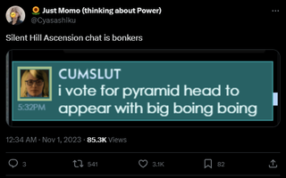 A post that reads: "Silent Hill Ascension chat is bonkers." With an image by a user in the 'game' saying: "i vote for pyramid head to appear with a big boing boing."