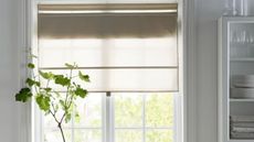 Neutral linen blind on kitchen window with shelving and tableware on right
