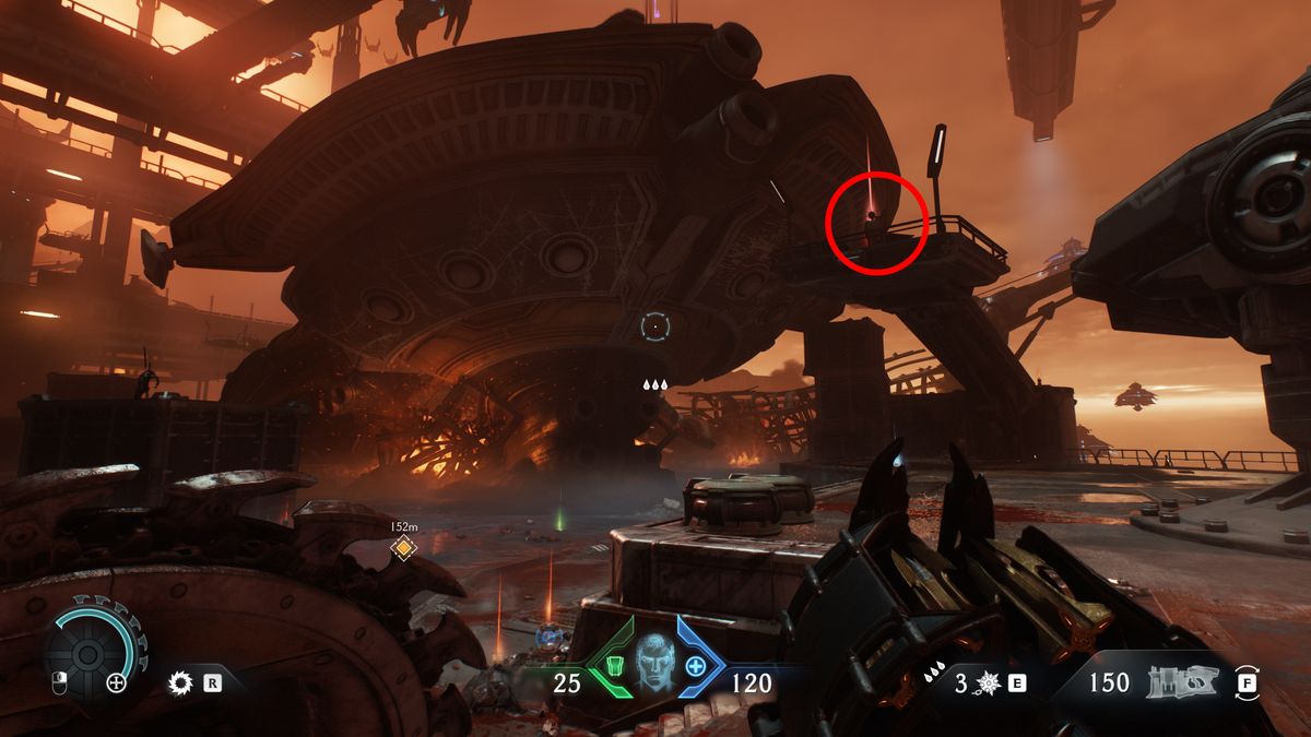 Doom: The Dark Ages Siege Part 2 secrets - A ruby statue on a crane near a crashed ship in the hangar.