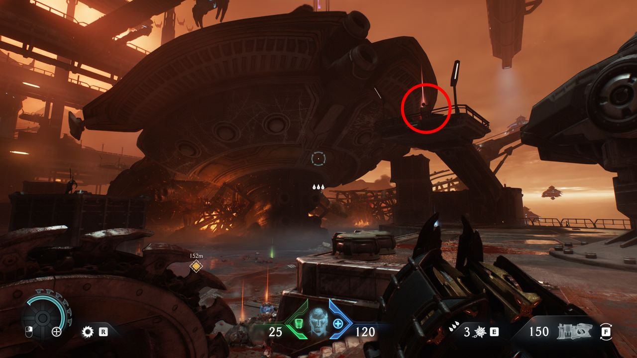 Doom: The Dark Ages Siege Part 2 secrets - A ruby statue on a crane near a crashed ship in the hangar.