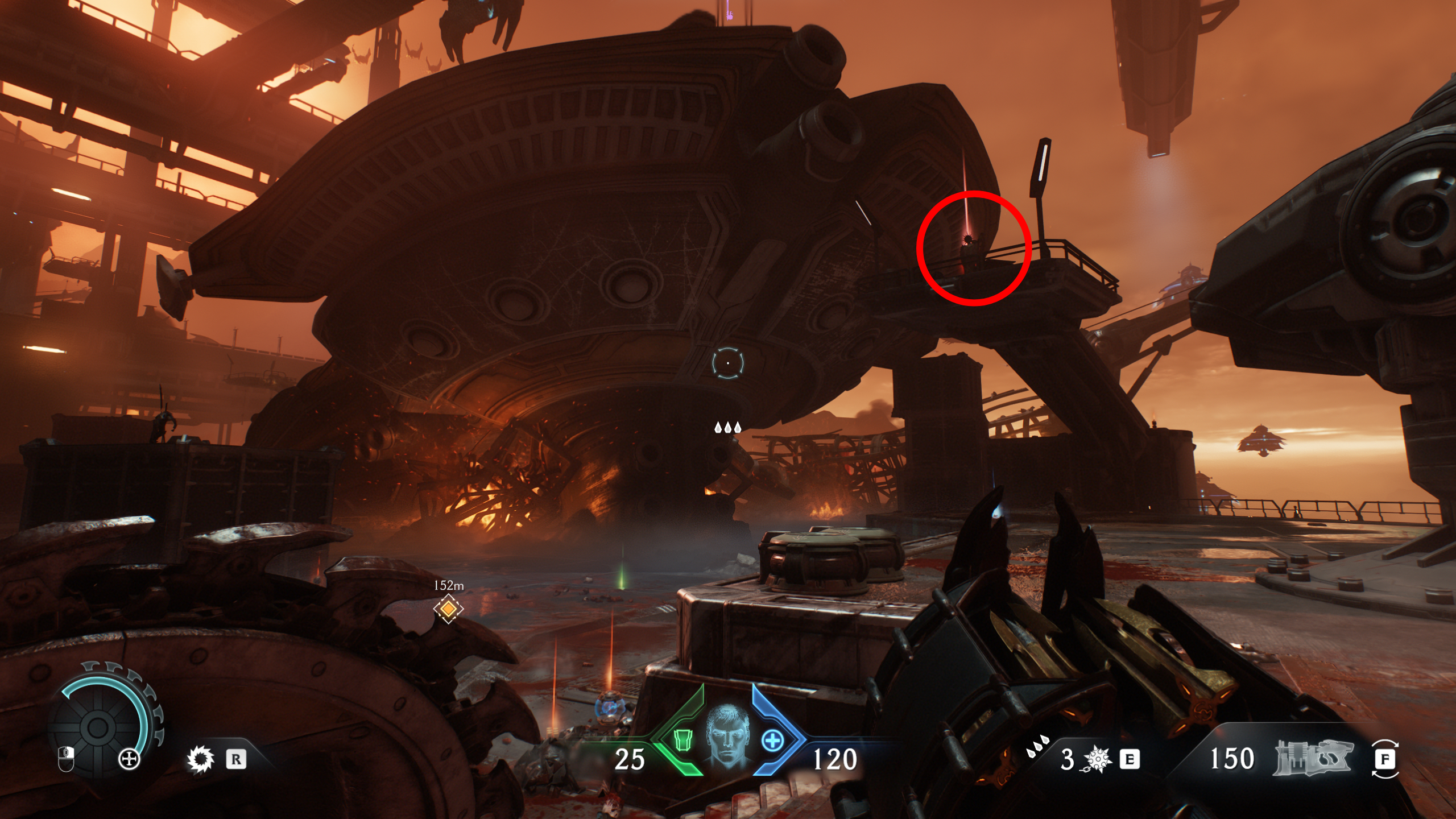 Doom: The Dark Ages Siege Part 2 secrets - A ruby statue on a crane near a crashed ship in the hangar.