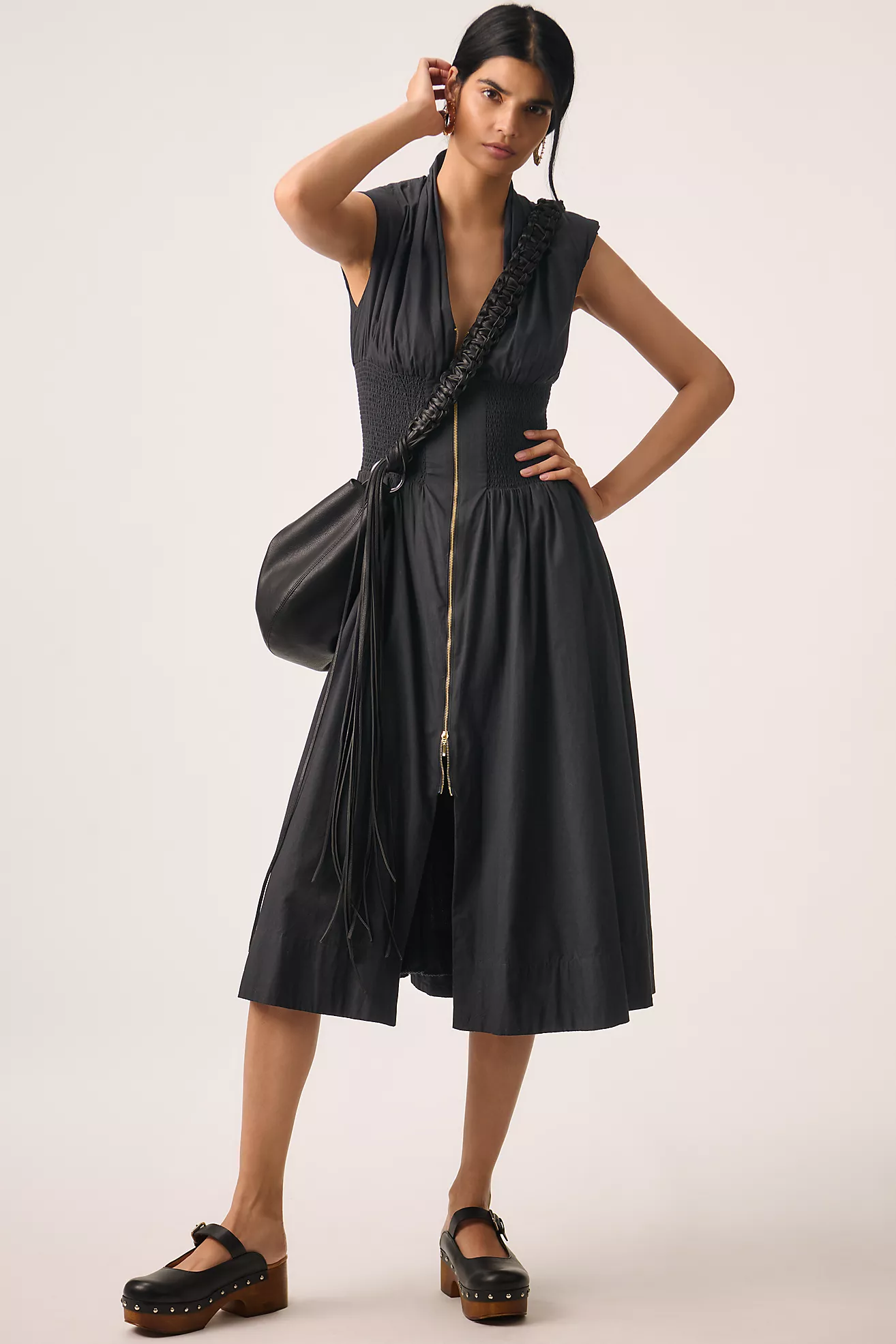 The Tommie Cap-Sleeve Smocked Front-Zip Midi Shirt Dress