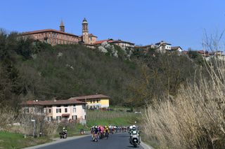 SANREMO ITALY MARCH 20 The Peloton during the 112th MilanoSanremo 2021 a 299km race from Milano to Sanremo Strevi Village Landscape Peloton MilanoSanremo La Classicissima UCIWT on March 20 2021 in Sanremo Italy Photo by Tim de WaeleGetty Images