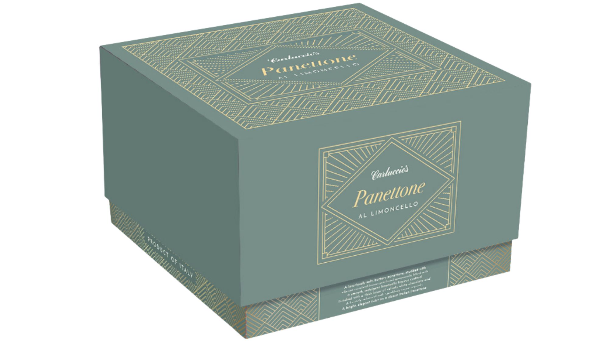 teal coloured box with gold writing - Limoncello Panettone by Carluccio&#039;s