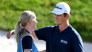 Daniel Hillier embraces girlfriend and caddie Siobhan Weaver after his win in the 2021 Challenge Costa Brava on the Challenge Tour