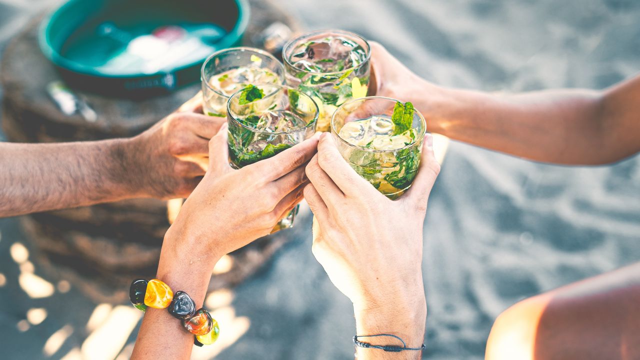 A group of people toast with drinks, only their hands showing.