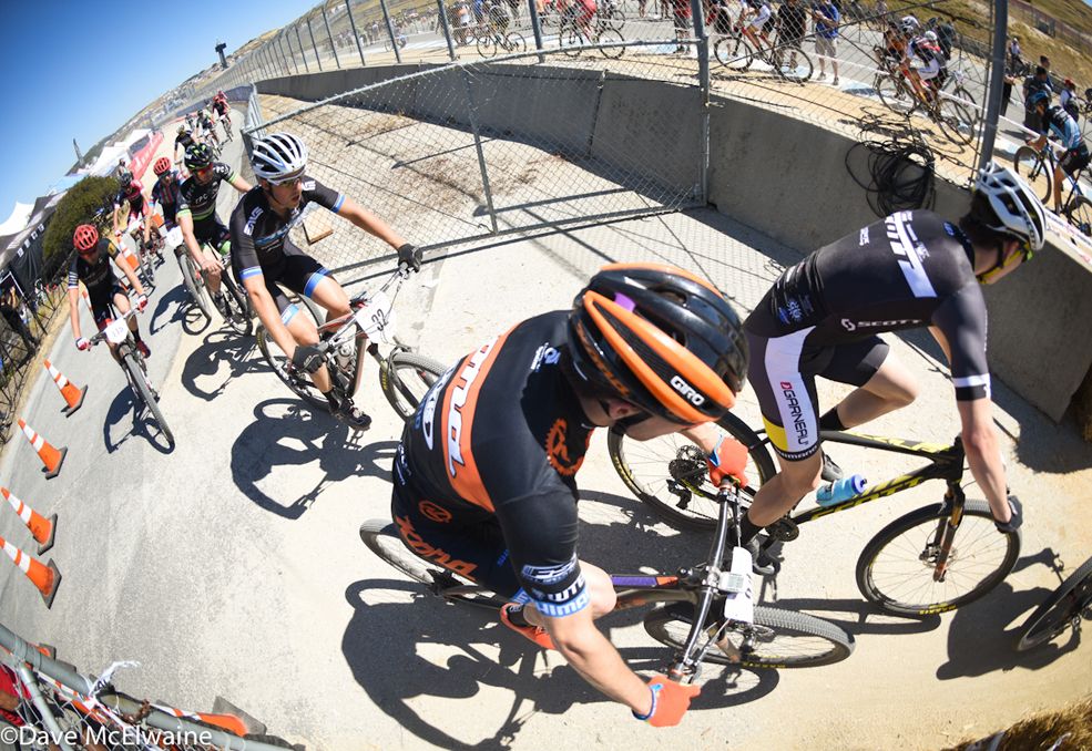 A Kona rider re-enters the Laguna Seca Raceway