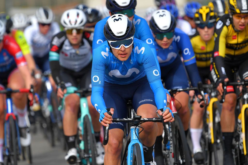 OUDENAARDE BELGIUM APRIL 04 Leah Thomas of United States and Movistar Team Women during the 18th Ronde van Vlaanderen Tour of Flanders 2021 Womens Elite a 1524km race frim Oudenaarde to Oudenaarde RVV21 rondevanvlaanderen tourofflanders UCIWWT on April 04 2021 in Oudenaarde Belgium Photo by Luc ClaessenGetty Images