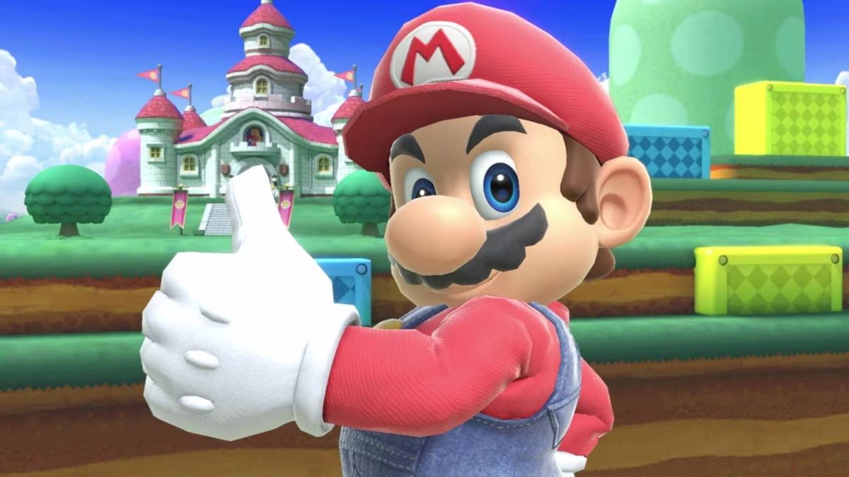 Mario faces the camera with a thumbs up pose in Super Smash Bros. Ulimate.